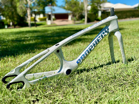 Dirty White Prophecy SCUD EVO3 Carbon BMX Disc Frame & Forks Kit (Gloss White with Black Splatter)