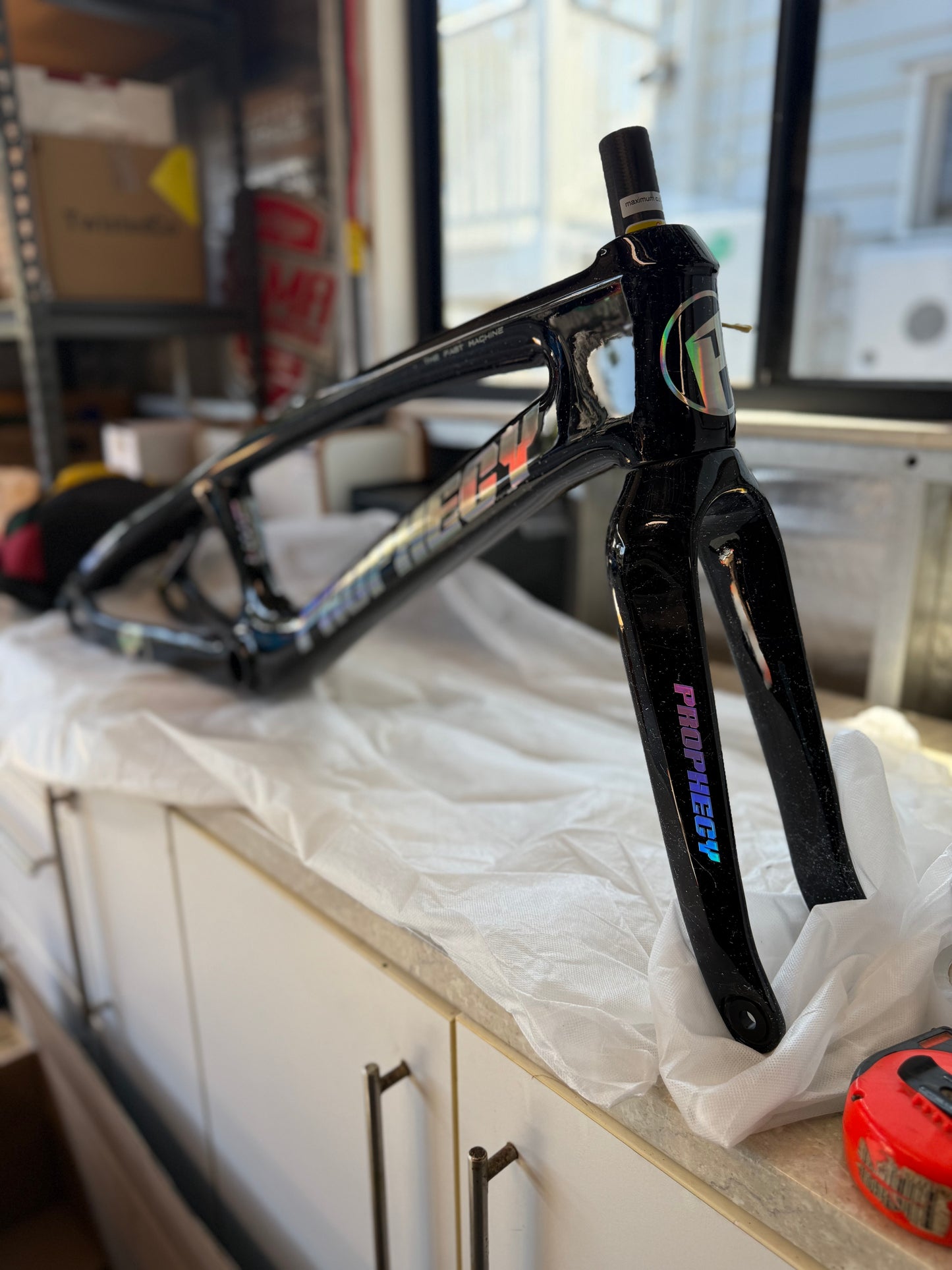 Dirty Black Prophecy SCUD EVO3 Carbon BMX Disc Frame & Forks Kit (Gloss Black with White Splatter)